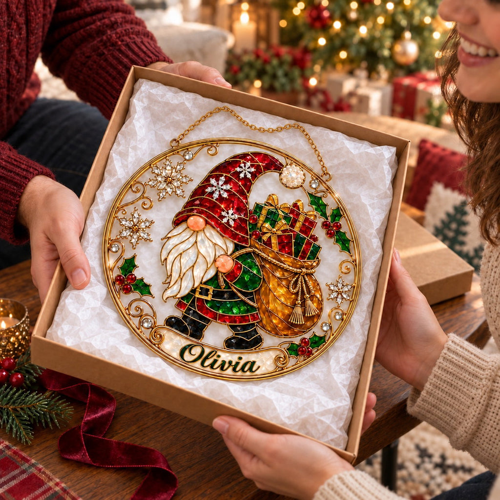 Personalized Christmas Gnome with Gift Sack Holographic Acrylic Suncatcher