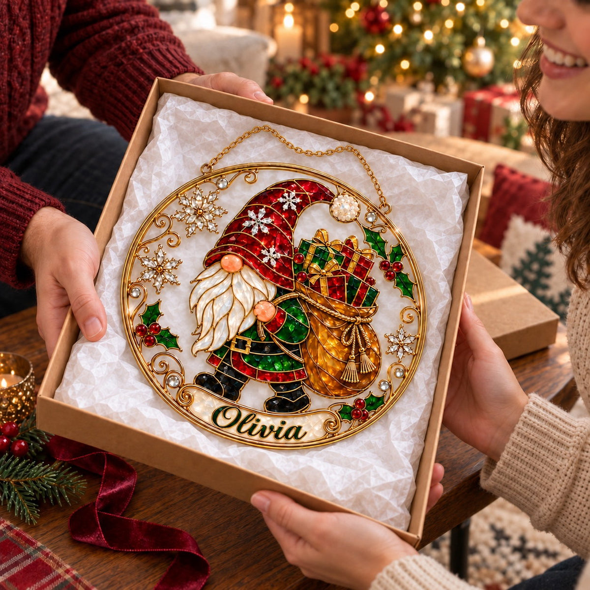 Personalized Christmas Gnome with Gift Sack Holographic Acrylic Suncatcher