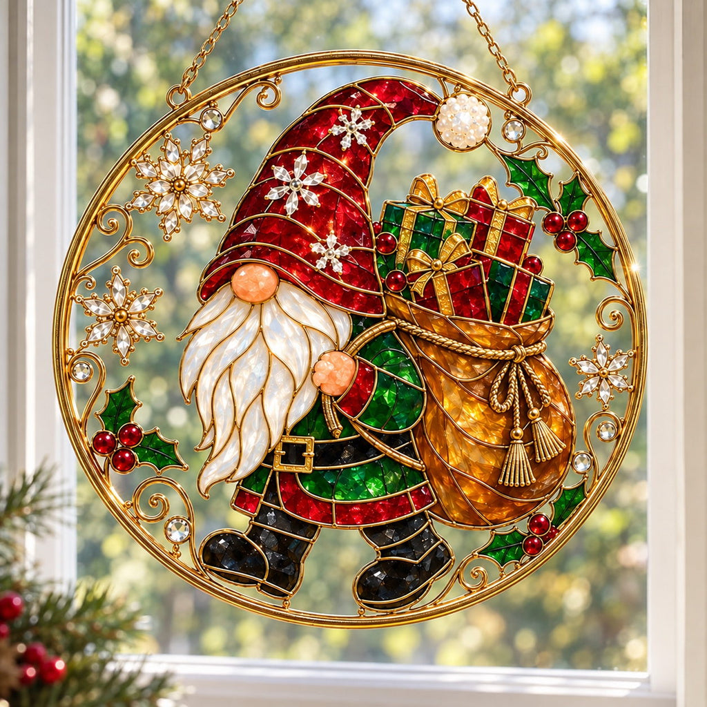 Personalized Christmas Gnome with Gift Sack Holographic Acrylic Suncatcher