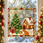 Personalized Christmas Tree & Snowy Cabin Framed Holographic Acrylic Suncatcher