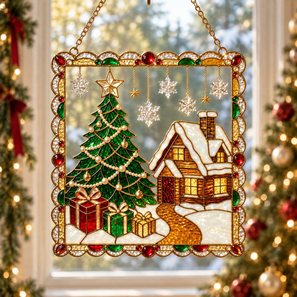 Personalized Christmas Tree & Snowy Cabin Framed Holographic Acrylic Suncatcher