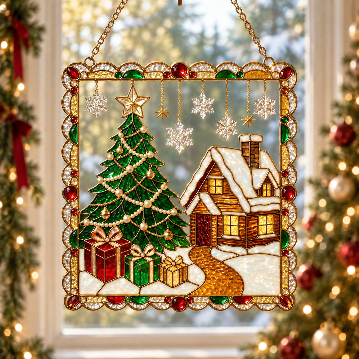 Personalized Christmas Tree & Snowy Cabin Framed Holographic Acrylic Suncatcher