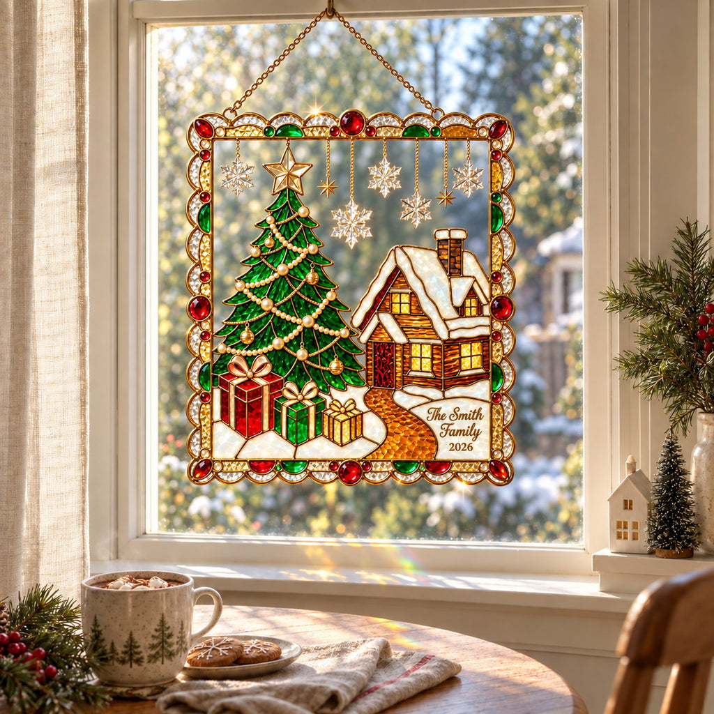 Personalized Christmas Tree & Snowy Cabin Framed Holographic Acrylic Suncatcher