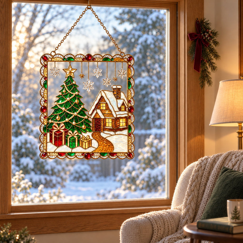 Personalized Christmas Tree & Snowy Cabin Framed Holographic Acrylic Suncatcher
