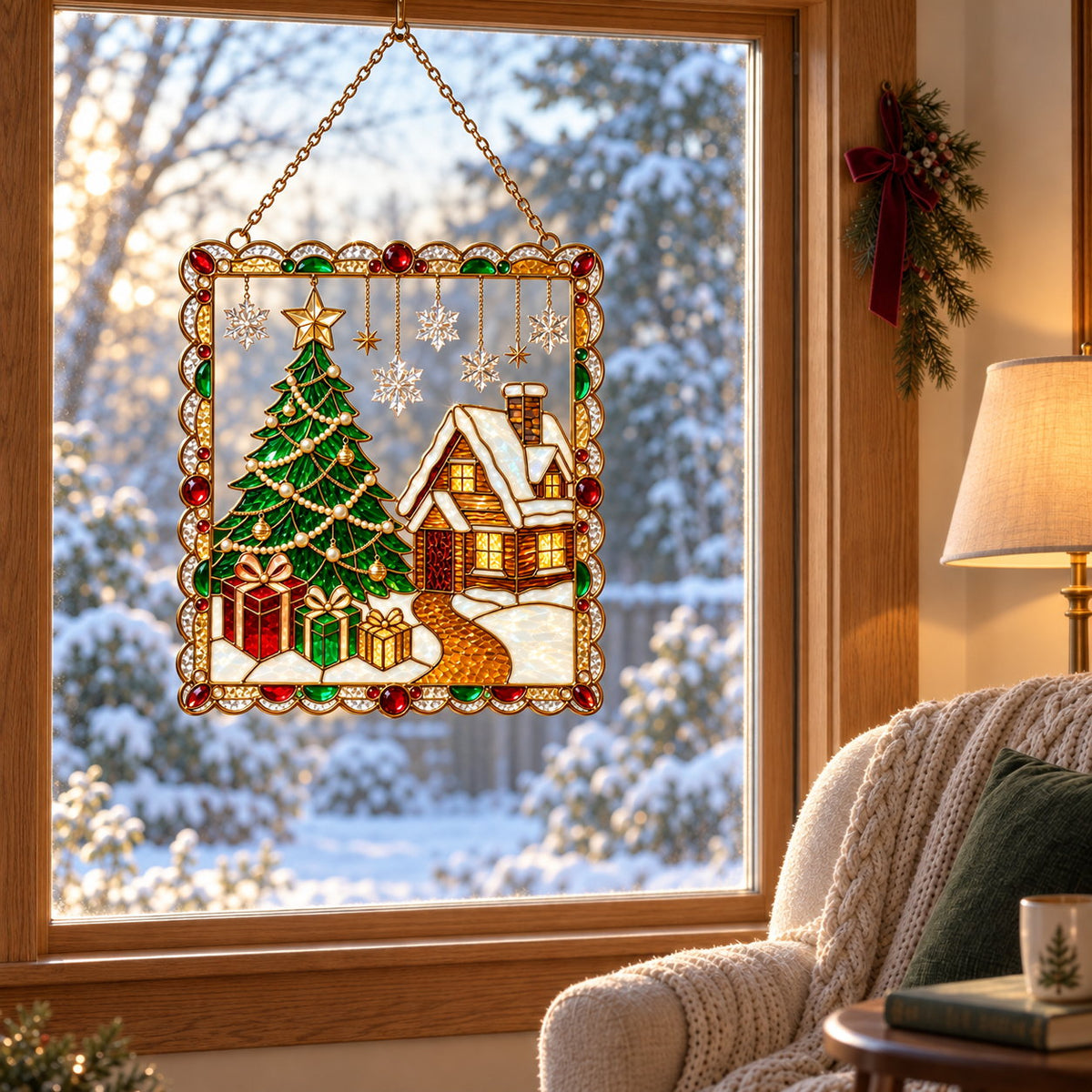 Personalized Christmas Tree & Snowy Cabin Framed Holographic Acrylic Suncatcher