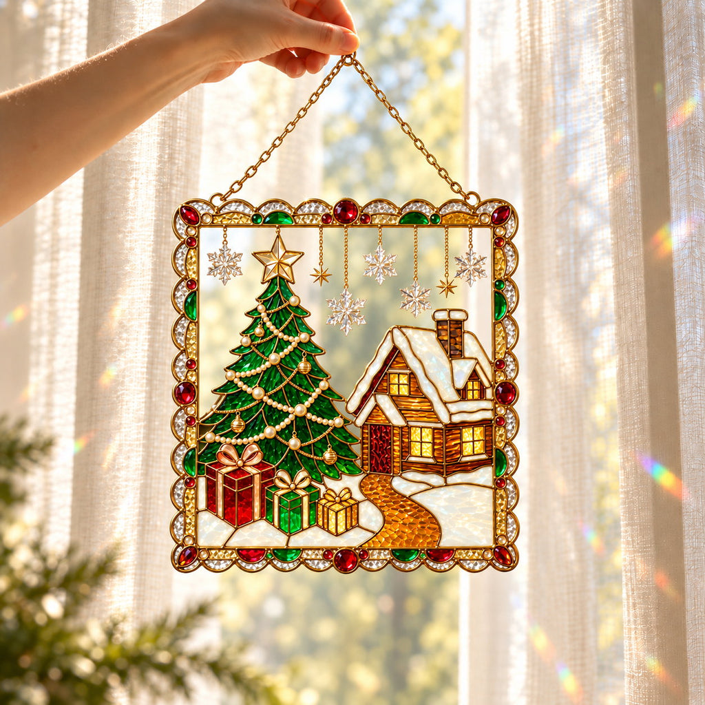 Personalized Christmas Tree & Snowy Cabin Framed Holographic Acrylic Suncatcher