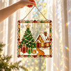 Personalized Christmas Tree & Snowy Cabin Framed Holographic Acrylic Suncatcher