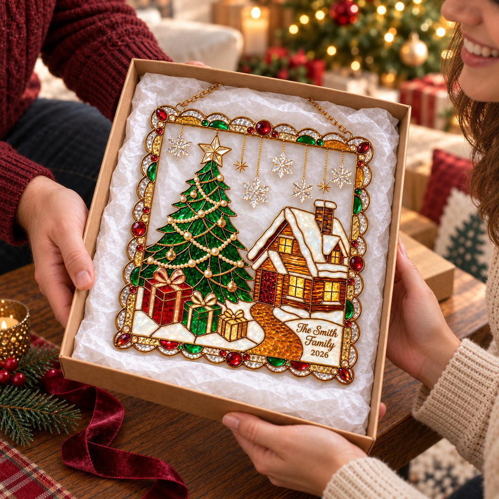 Personalized Christmas Tree & Snowy Cabin Framed Holographic Acrylic Suncatcher