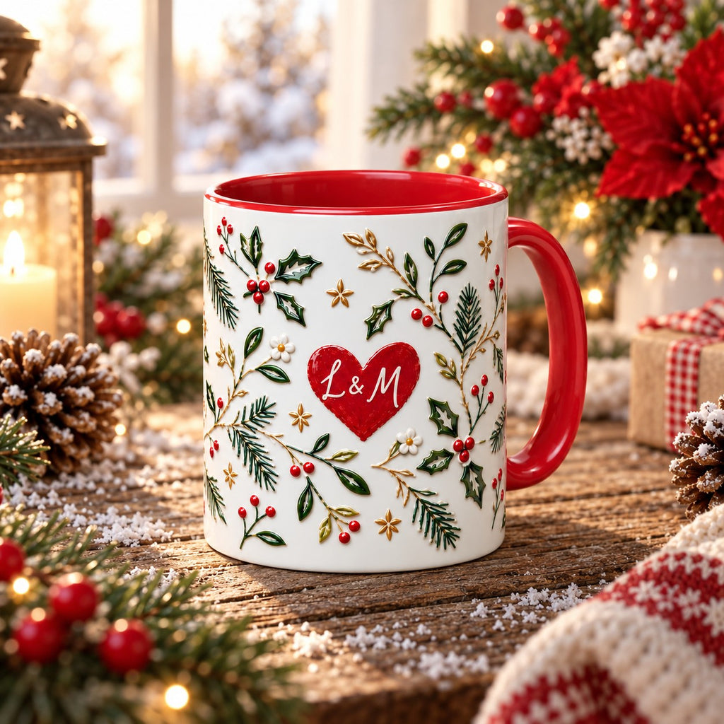 White mug with red handle and red heart initials holly design beside a lantern and poinsettia