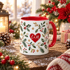 White mug with red handle and red heart initials holly design beside a lantern and poinsettia