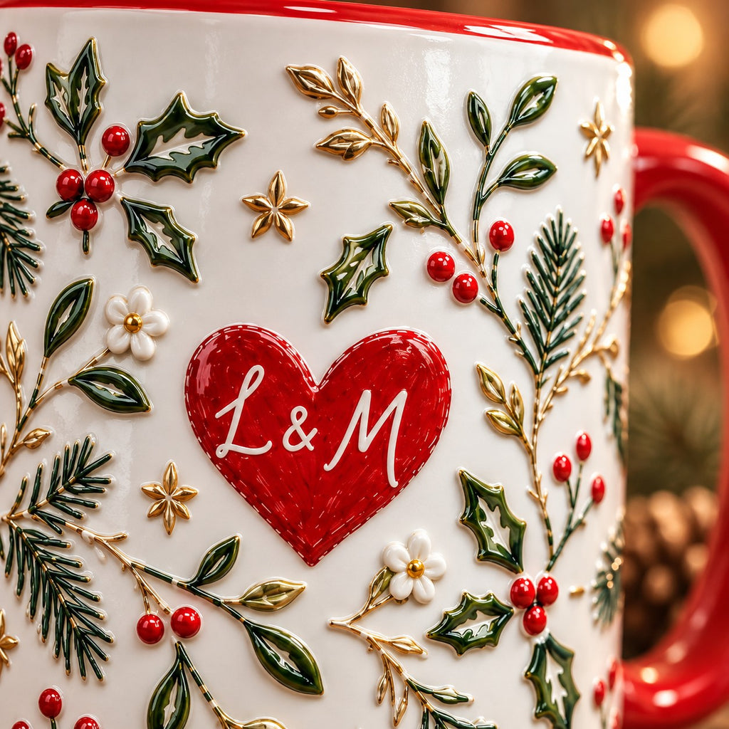 Close-up of the red heart with initials L & M surrounded by holly, berries and gold stars