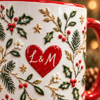 Close-up of the red heart with initials L & M surrounded by holly, berries and gold stars