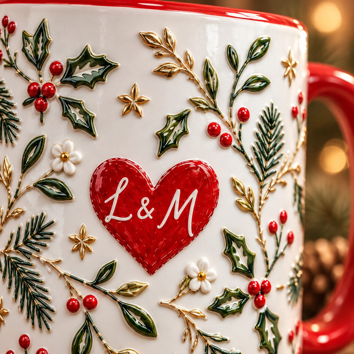 Close-up of the red heart with initials L & M surrounded by holly, berries and gold stars