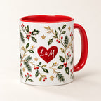 Front view of the personalized initials heart Christmas mug on a plain background