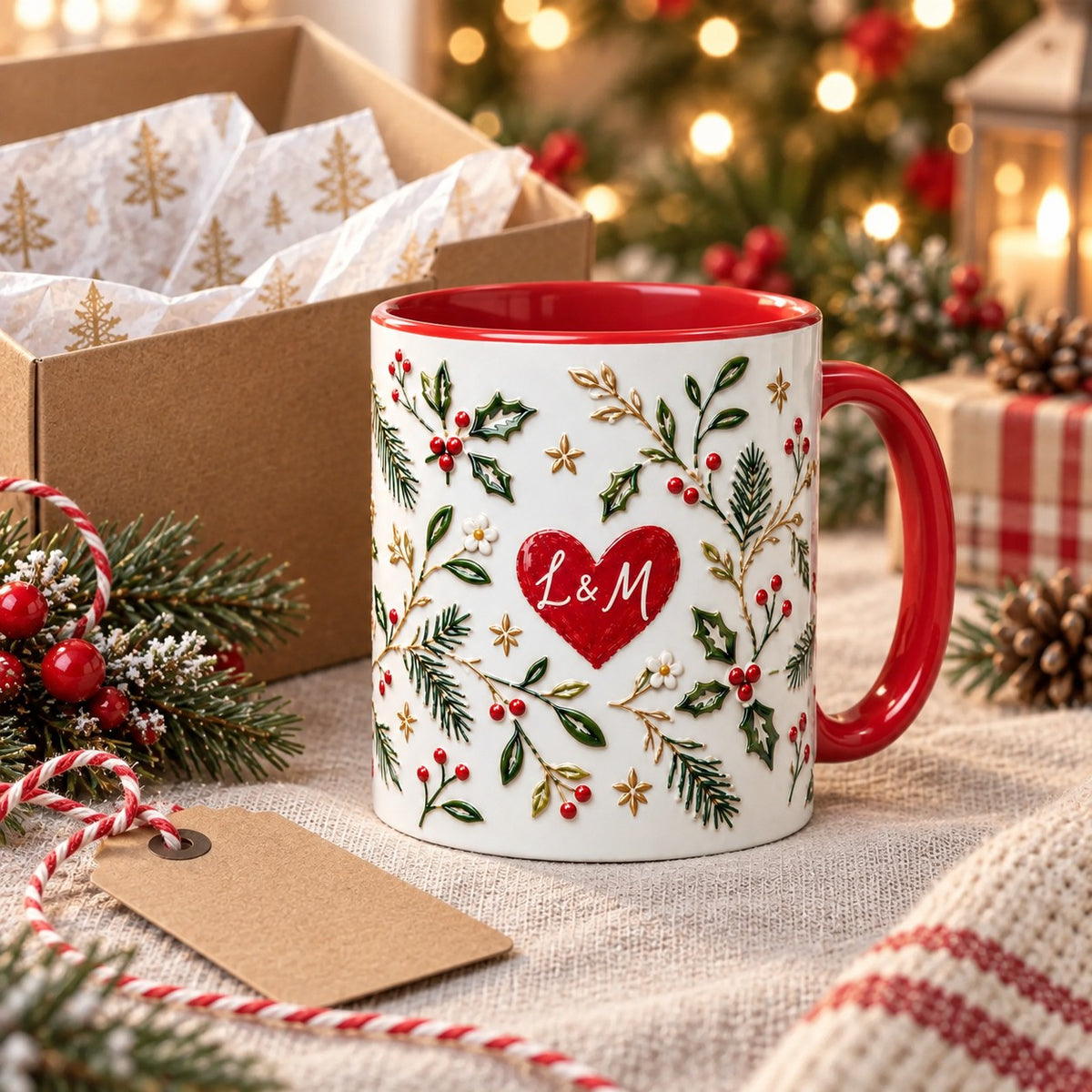 Personalized couple initials mug next to a kraft gift box and gift tag