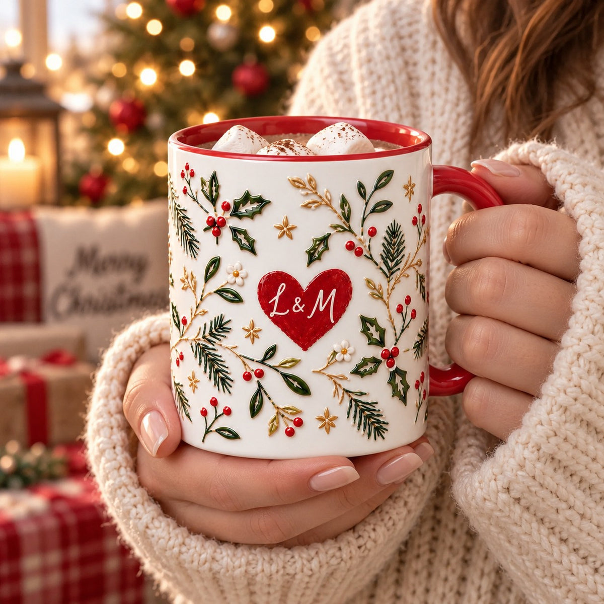 Hands in a cozy sweater holding the initials heart mug filled with cocoa and marshmallows