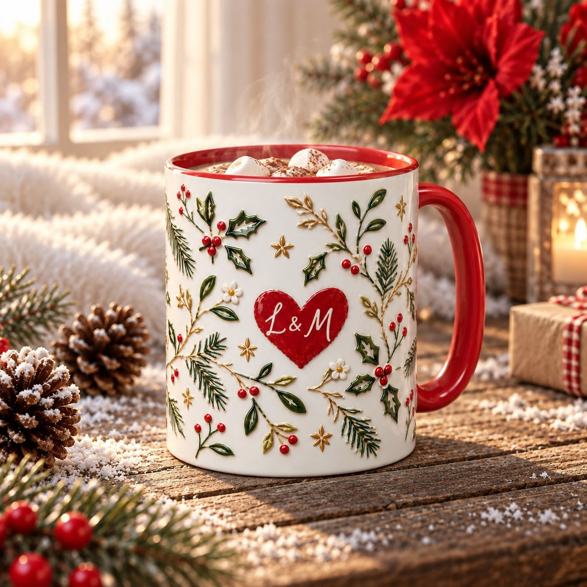 Initials heart Christmas mug filled with hot cocoa and marshmallows by a snowy window