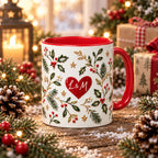 Red heart initials mug among candles, pinecones and wrapped gifts