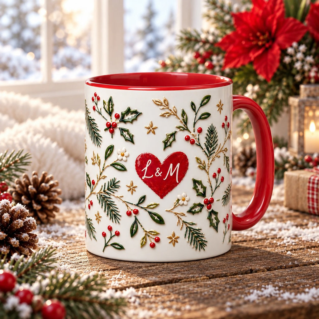 Personalized couple initials Christmas mug with red heart and holly on a snowy wood table with poinsettia