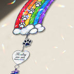 Personalized dog memorial rainbow crystal suncatcher in a window
