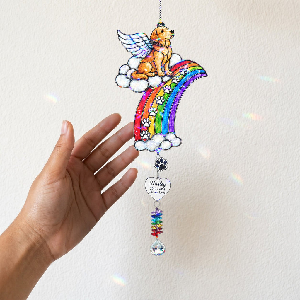 Personalized dog memorial rainbow crystal suncatcher detail