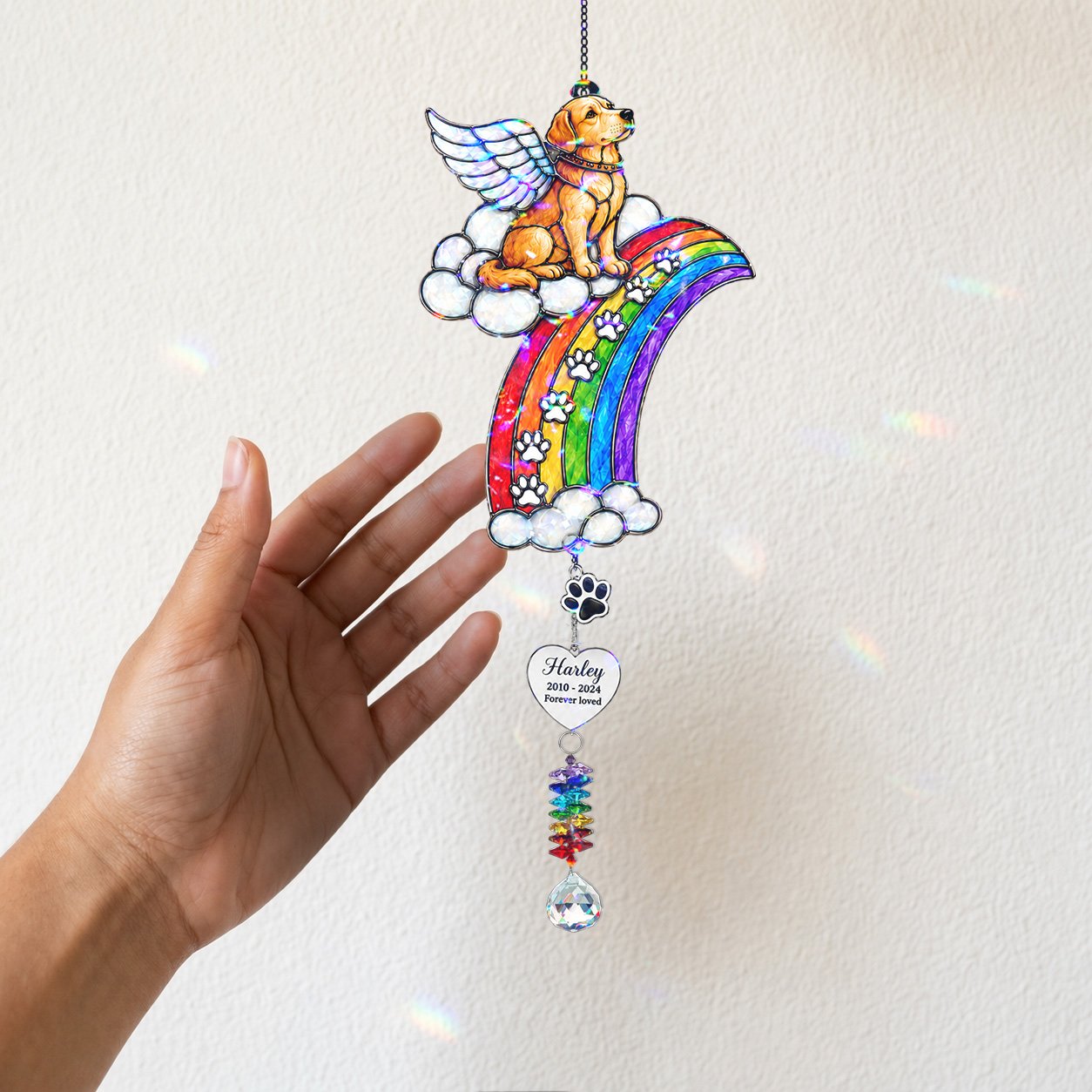 Personalized dog memorial rainbow crystal suncatcher detail