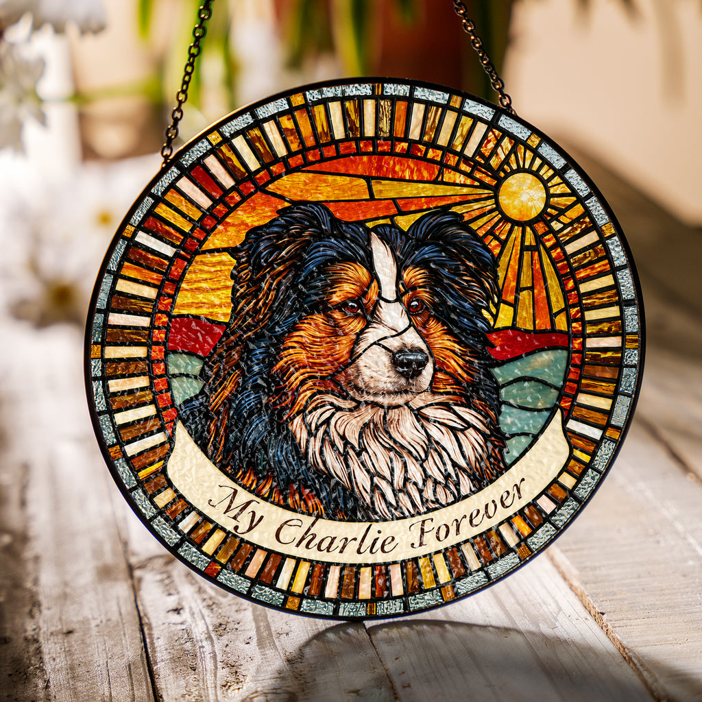 Personalized dog memorial suncatcher in a bright window with soft daylight