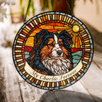 Personalized dog memorial suncatcher in a bright window with soft daylight