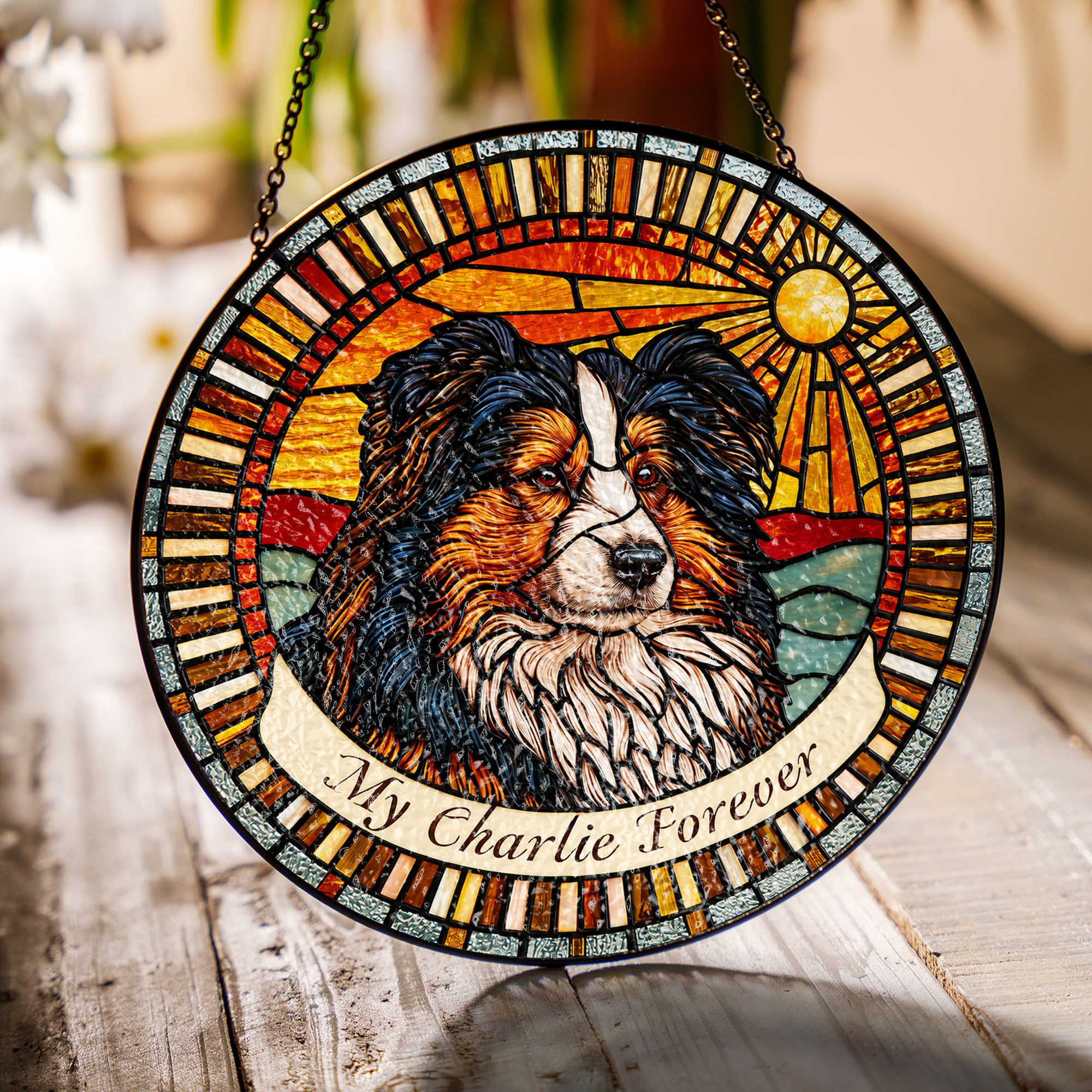 Personalized dog memorial suncatcher in a bright window with soft daylight