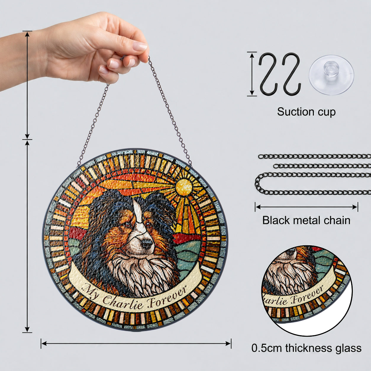 Dog memorial suncatcher details: black metal chain, suction cup, and 0.5 cm thick glass