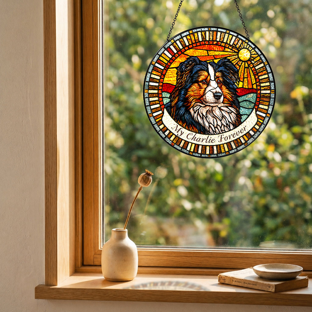 Dog memorial suncatcher in a cozy window with soft natural light