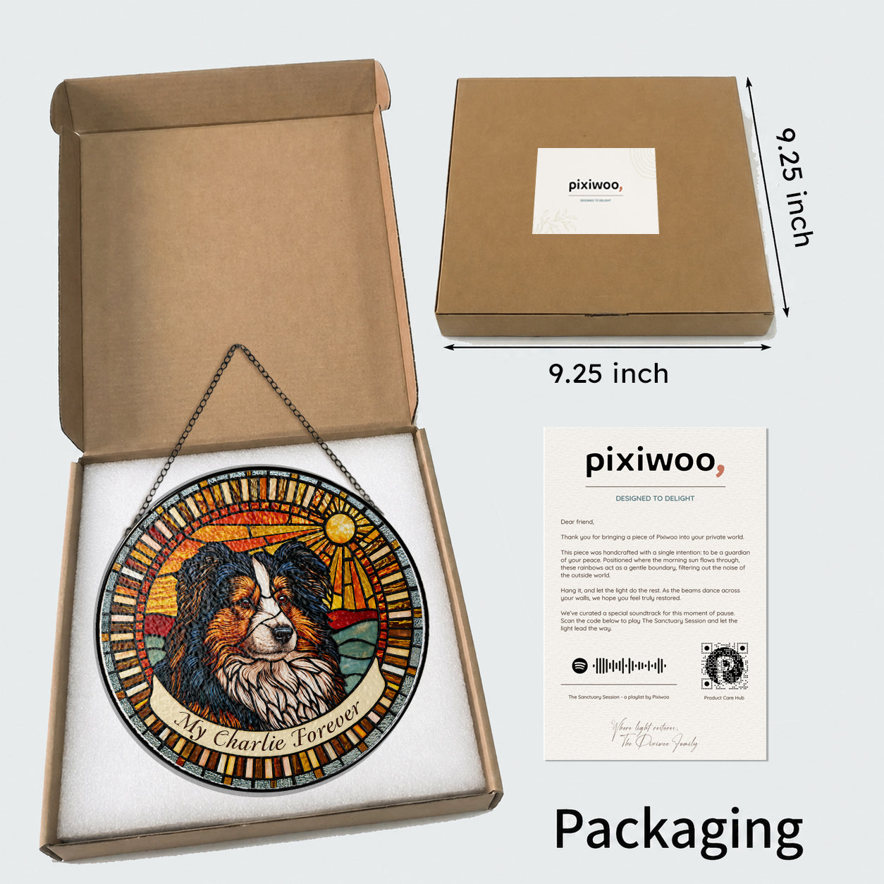 Dog memorial suncatcher in Pixiwoo gift box with protective foam