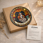 Personalized dog memorial suncatcher on Pixiwoo gift packaging with a thank-you card