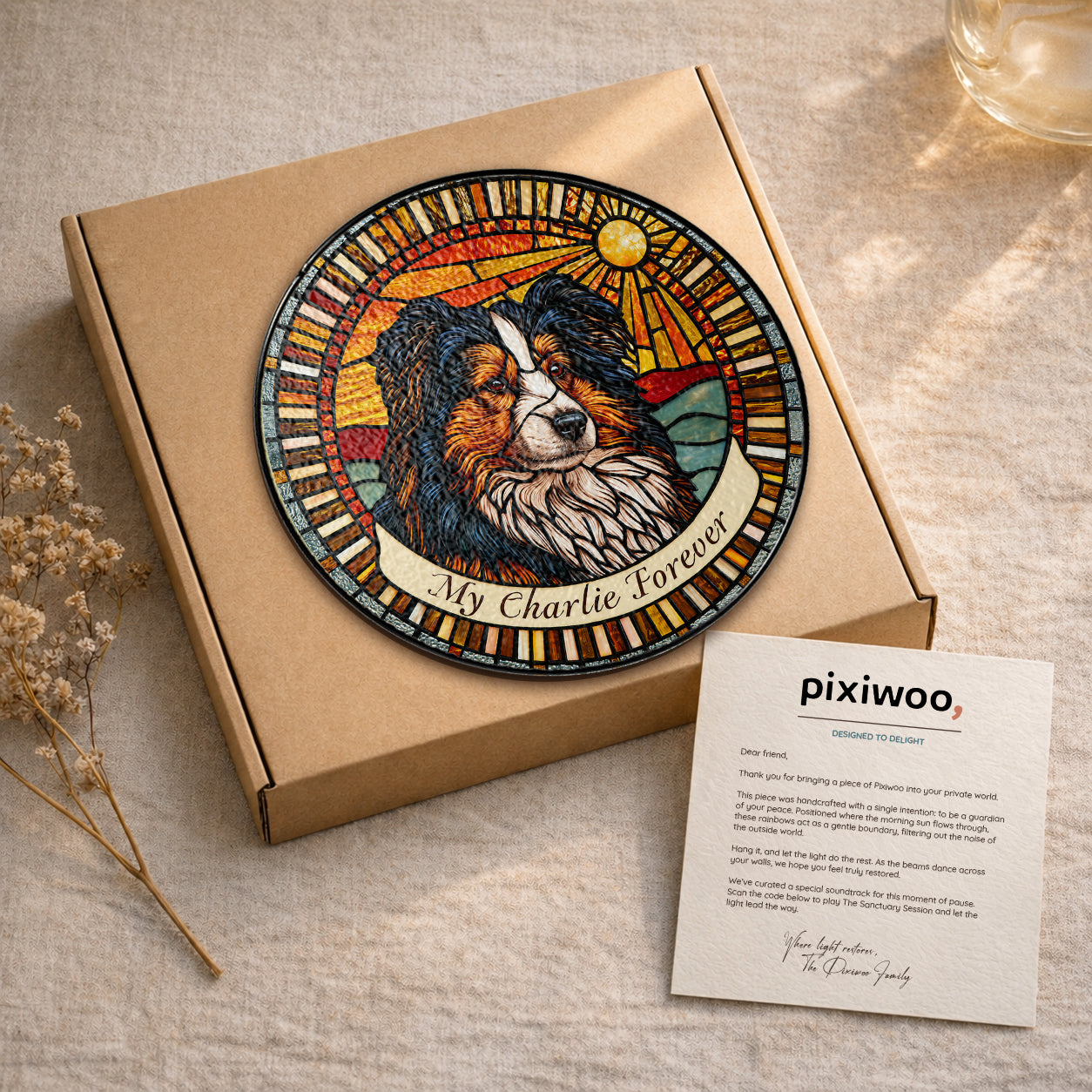 Personalized dog memorial suncatcher on Pixiwoo gift packaging with a thank-you card