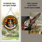 Real glass dog memorial suncatcher compared with acrylic, glass captures sunlight