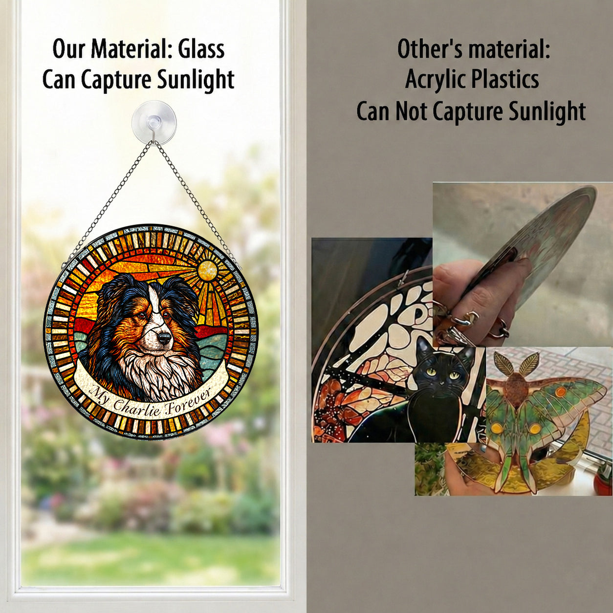 Real glass dog memorial suncatcher compared with acrylic, glass captures sunlight