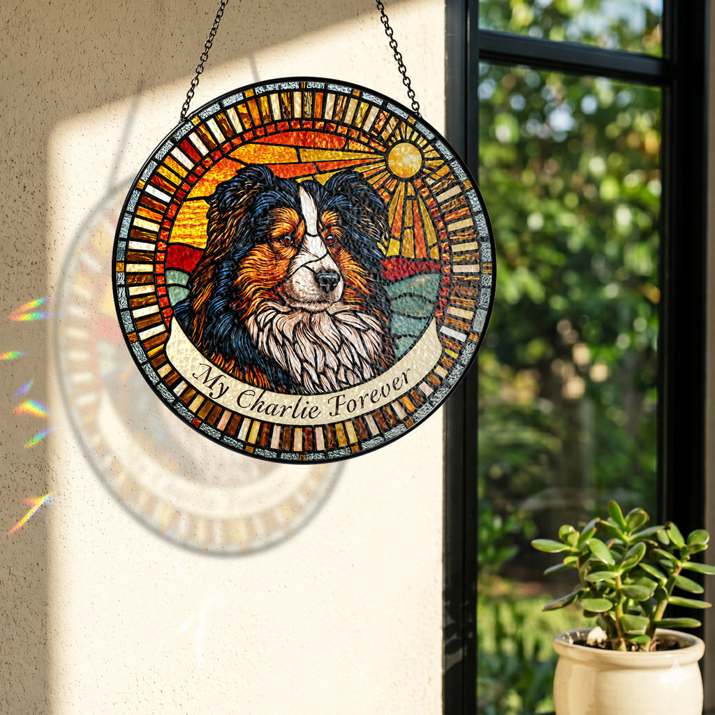 Dog memorial suncatcher near a window with colorful light reflection on the wall