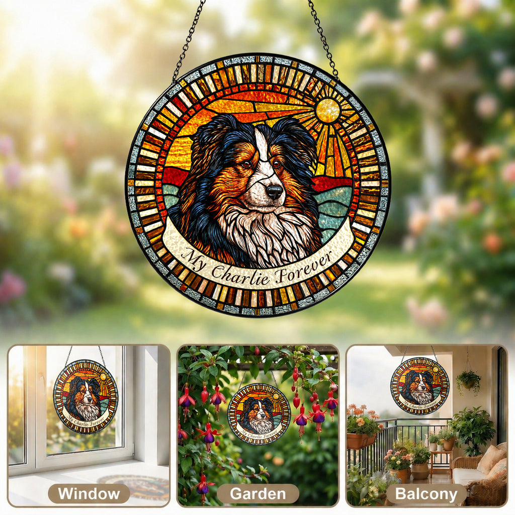 Dog memorial suncatcher shown as window, garden, and balcony decor