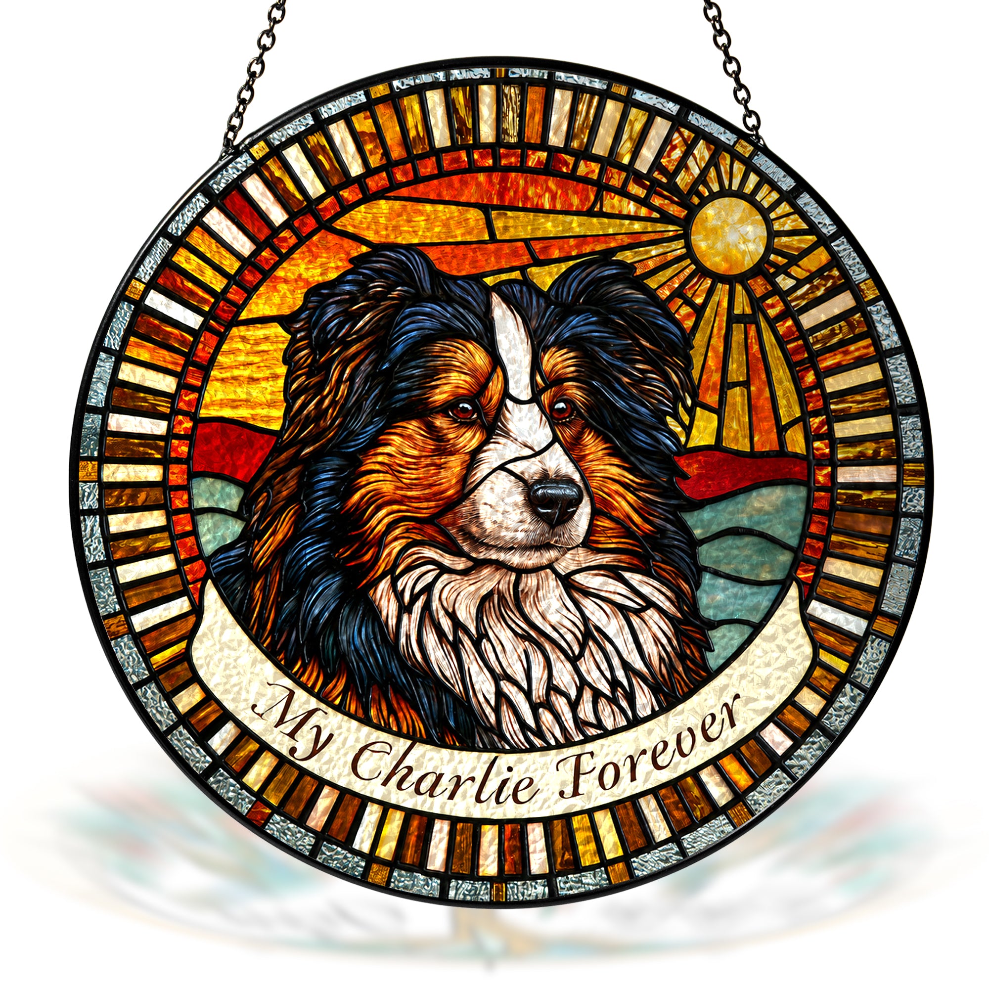 Personalized dog memorial stained glass suncatcher with custom pet portrait and name