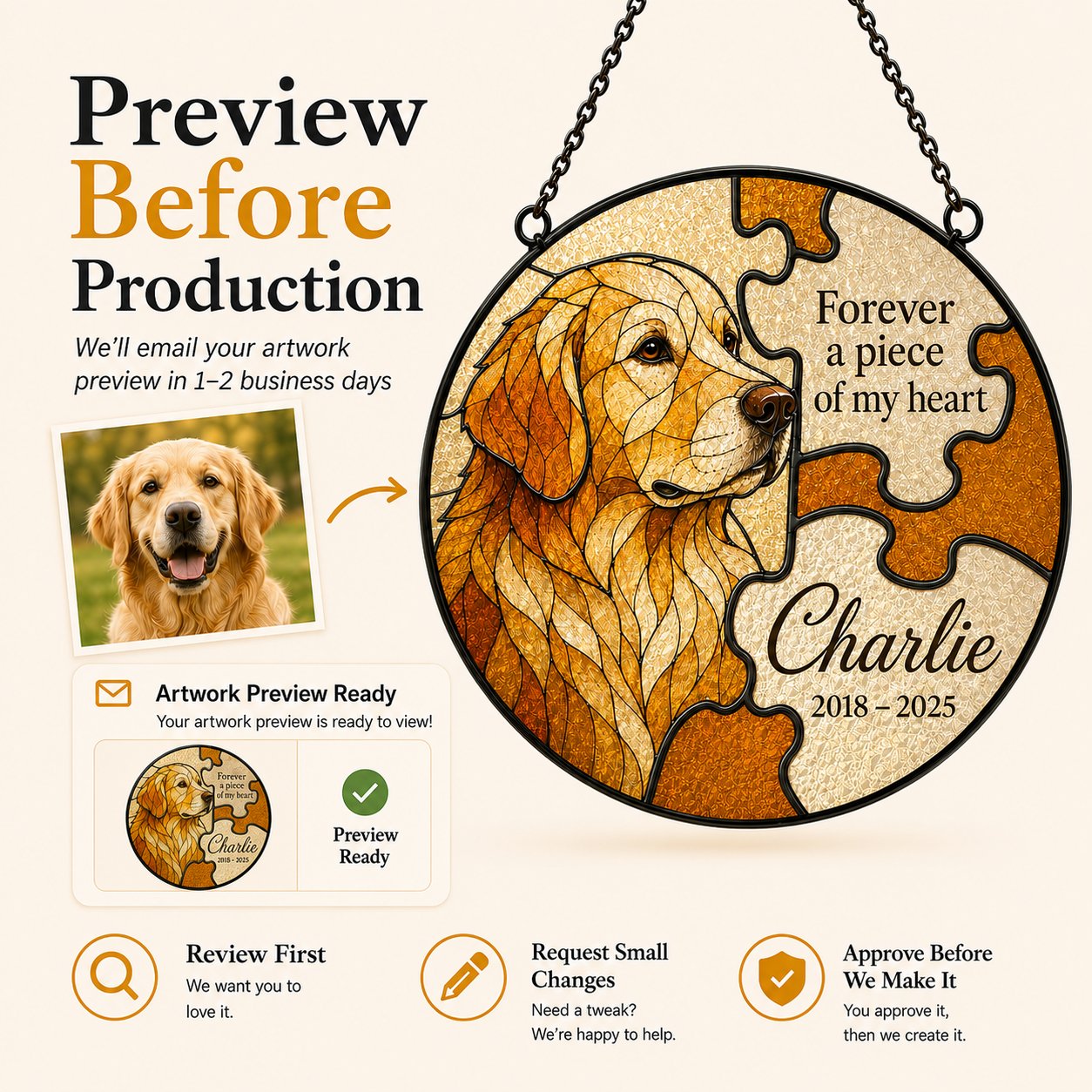 Personalized dog memorial suncatcher in a window