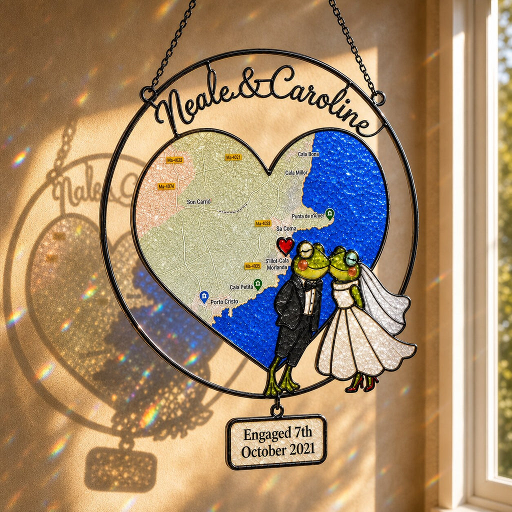 Personalized Engagement Map Heart Frog Couple Holographic Acrylic Suncatcher