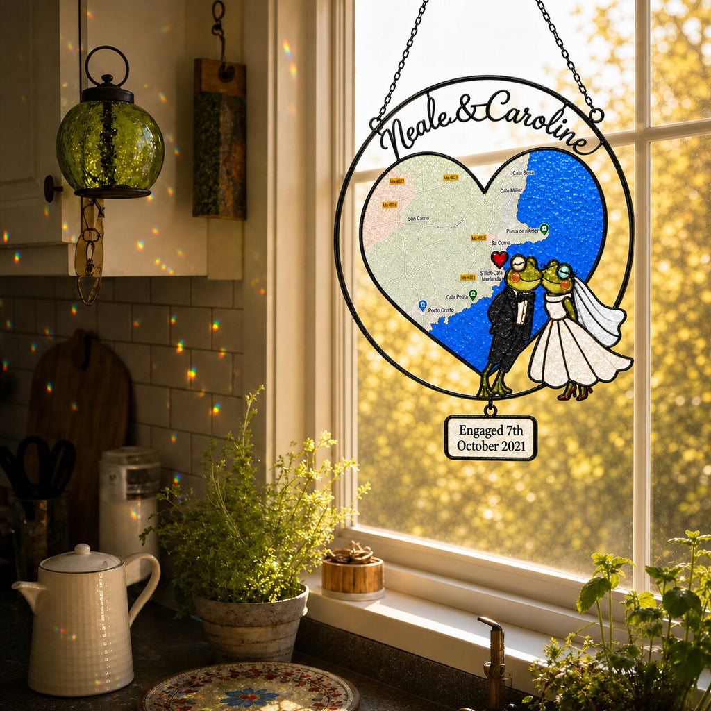 Personalized Engagement Map Heart Frog Couple Holographic Acrylic Suncatcher