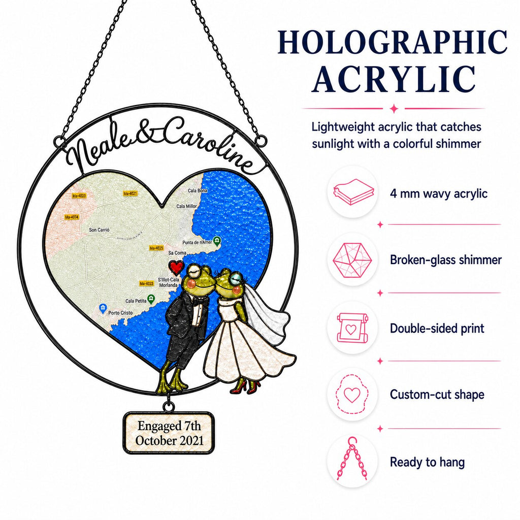 Personalized Engagement Map Heart Frog Couple Holographic Acrylic Suncatcher