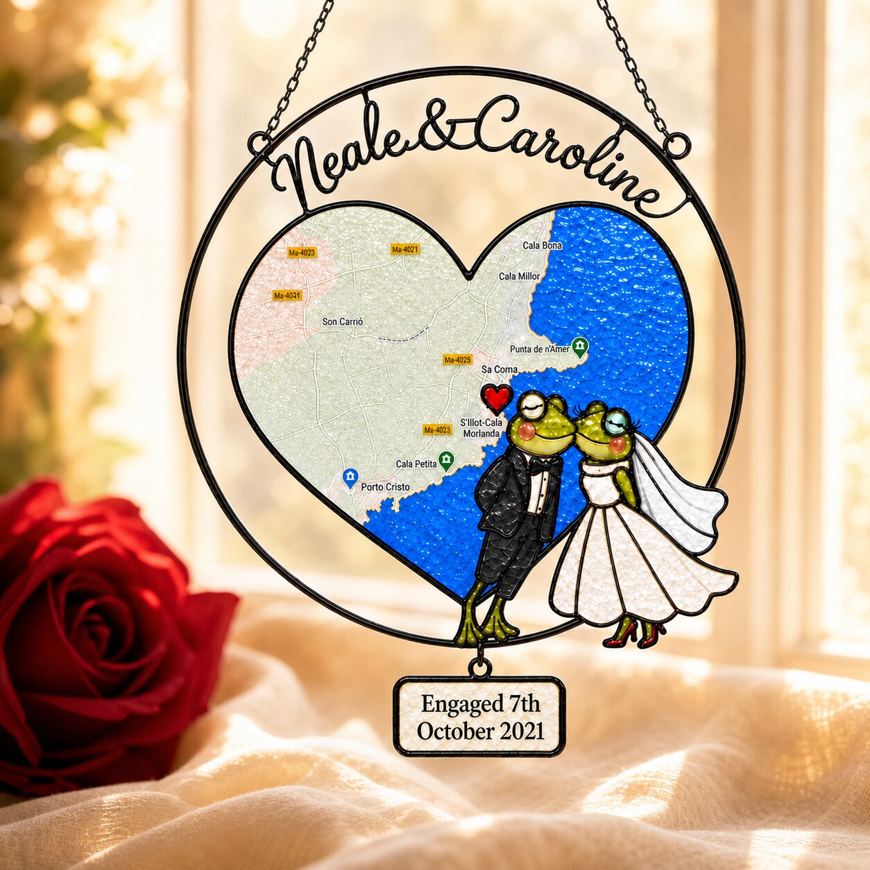 Personalized Engagement Map Heart Frog Couple Holographic Acrylic Suncatcher