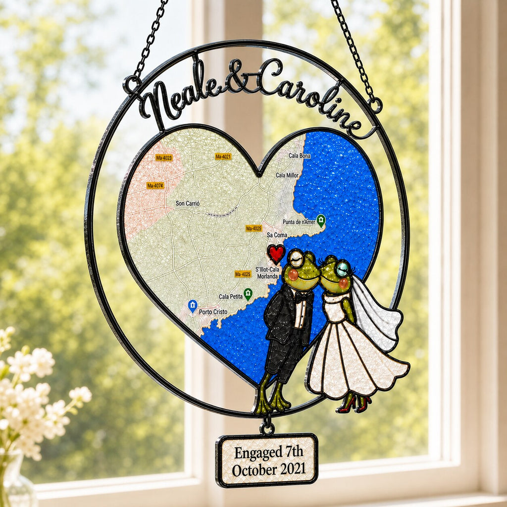 Personalized Engagement Map Heart Frog Couple Holographic Acrylic Suncatcher