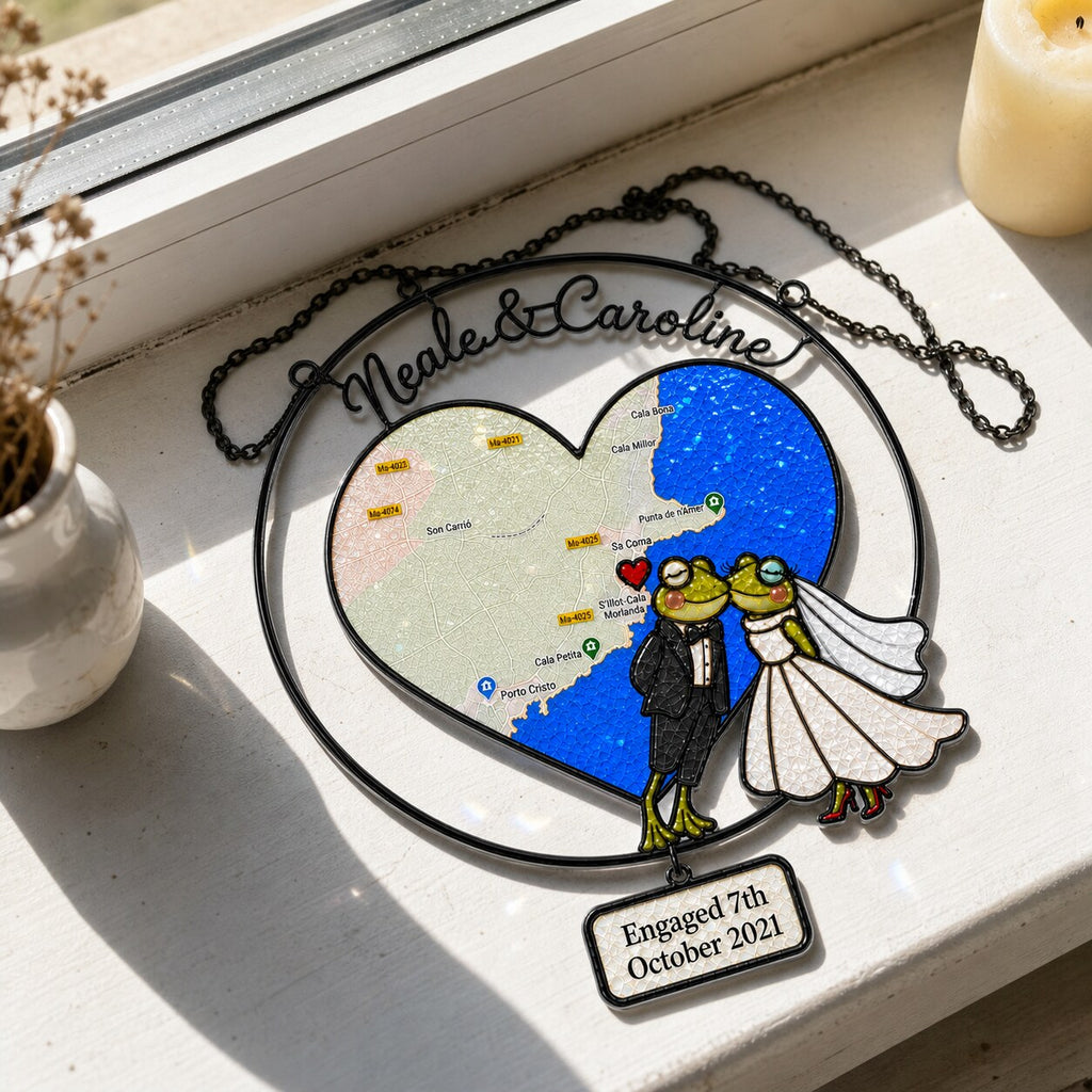 Personalized Engagement Map Heart Frog Couple Holographic Acrylic Suncatcher