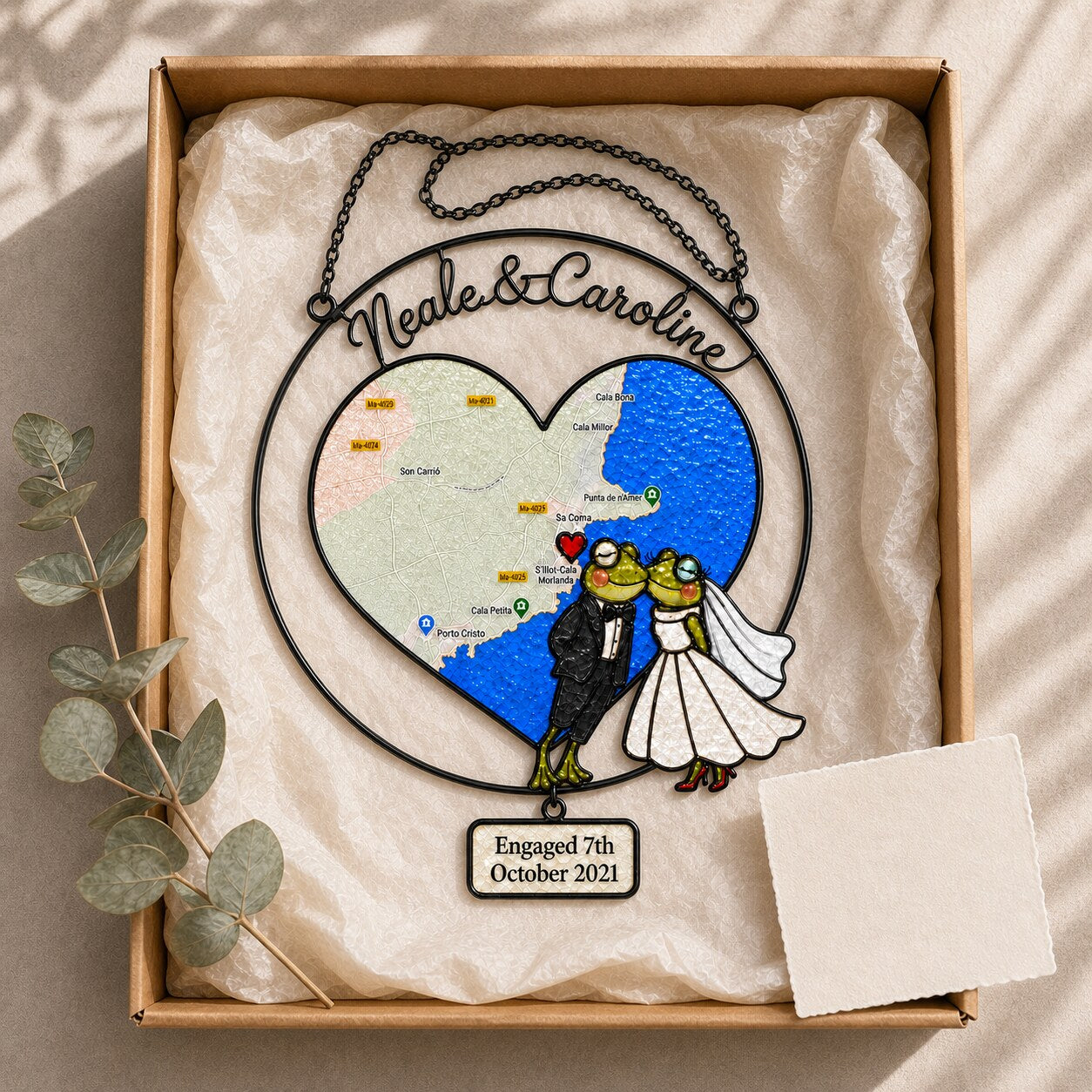 Personalized Engagement Map Heart Frog Couple Holographic Acrylic Suncatcher