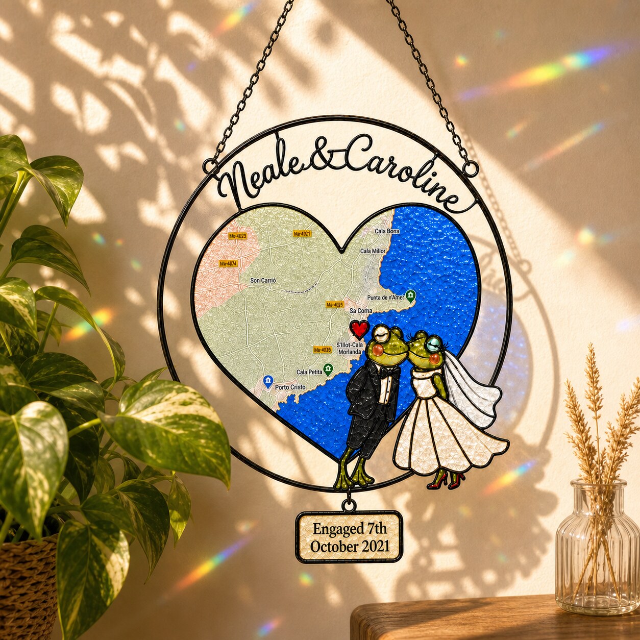 Personalized Engagement Map Heart Frog Couple Holographic Acrylic Suncatcher