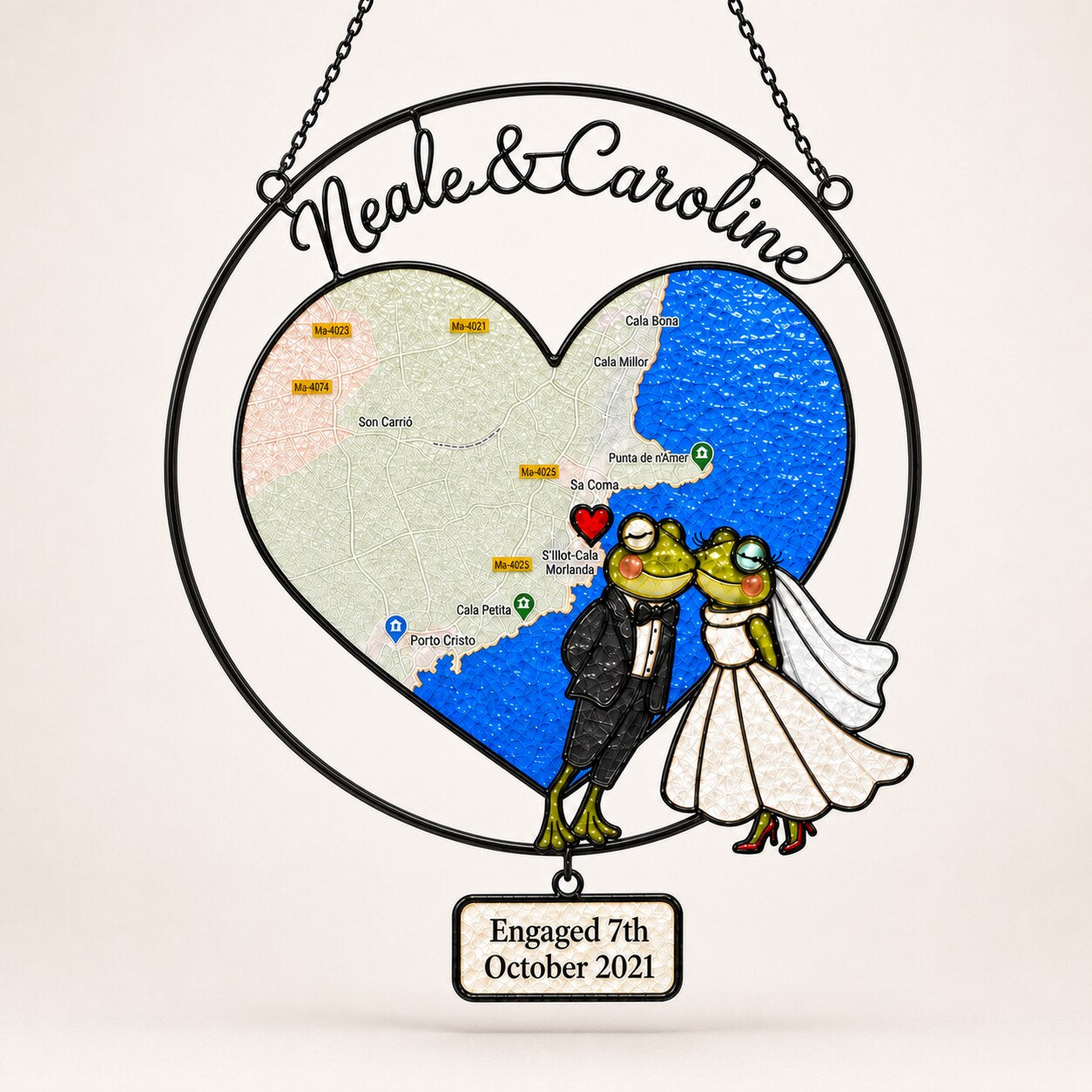 Personalized Engagement Map Heart Frog Couple Holographic Acrylic Suncatcher