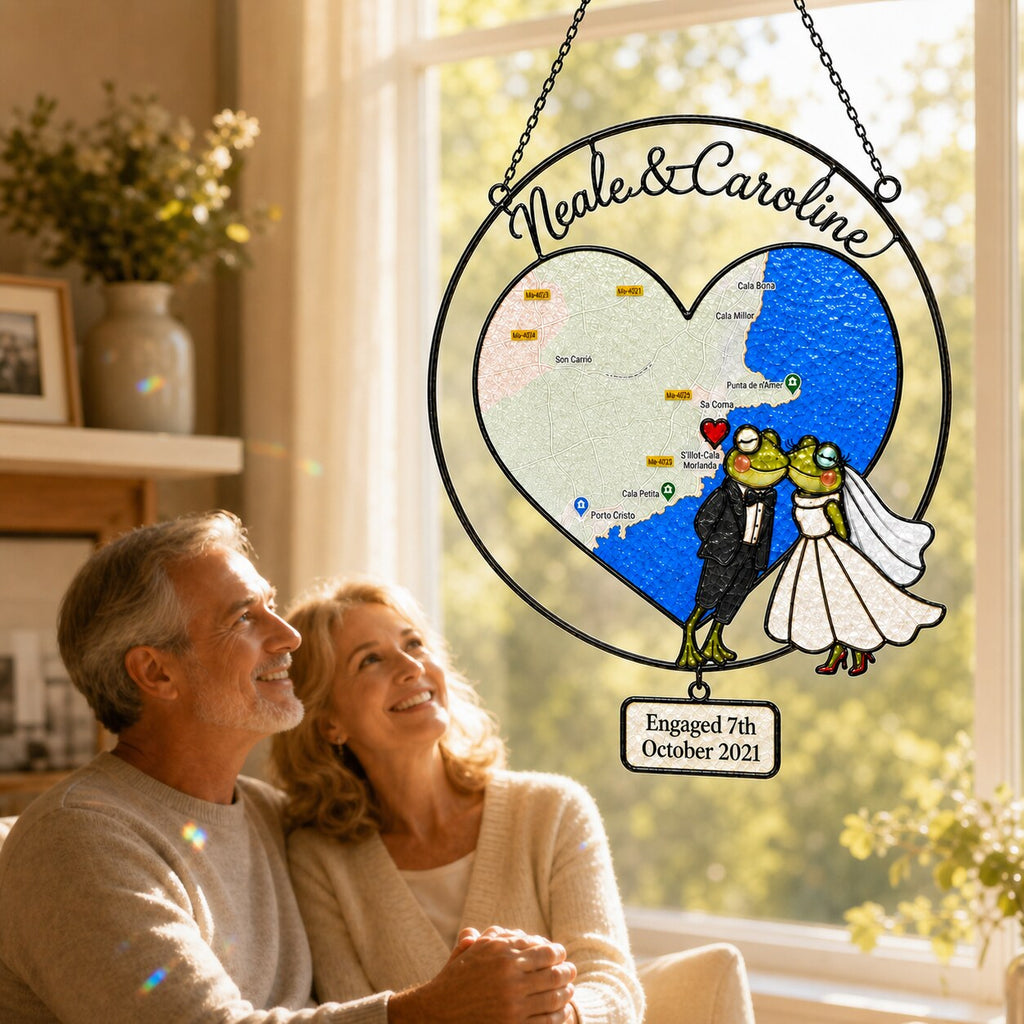 Personalized Engagement Map Heart Frog Couple Holographic Acrylic Suncatcher